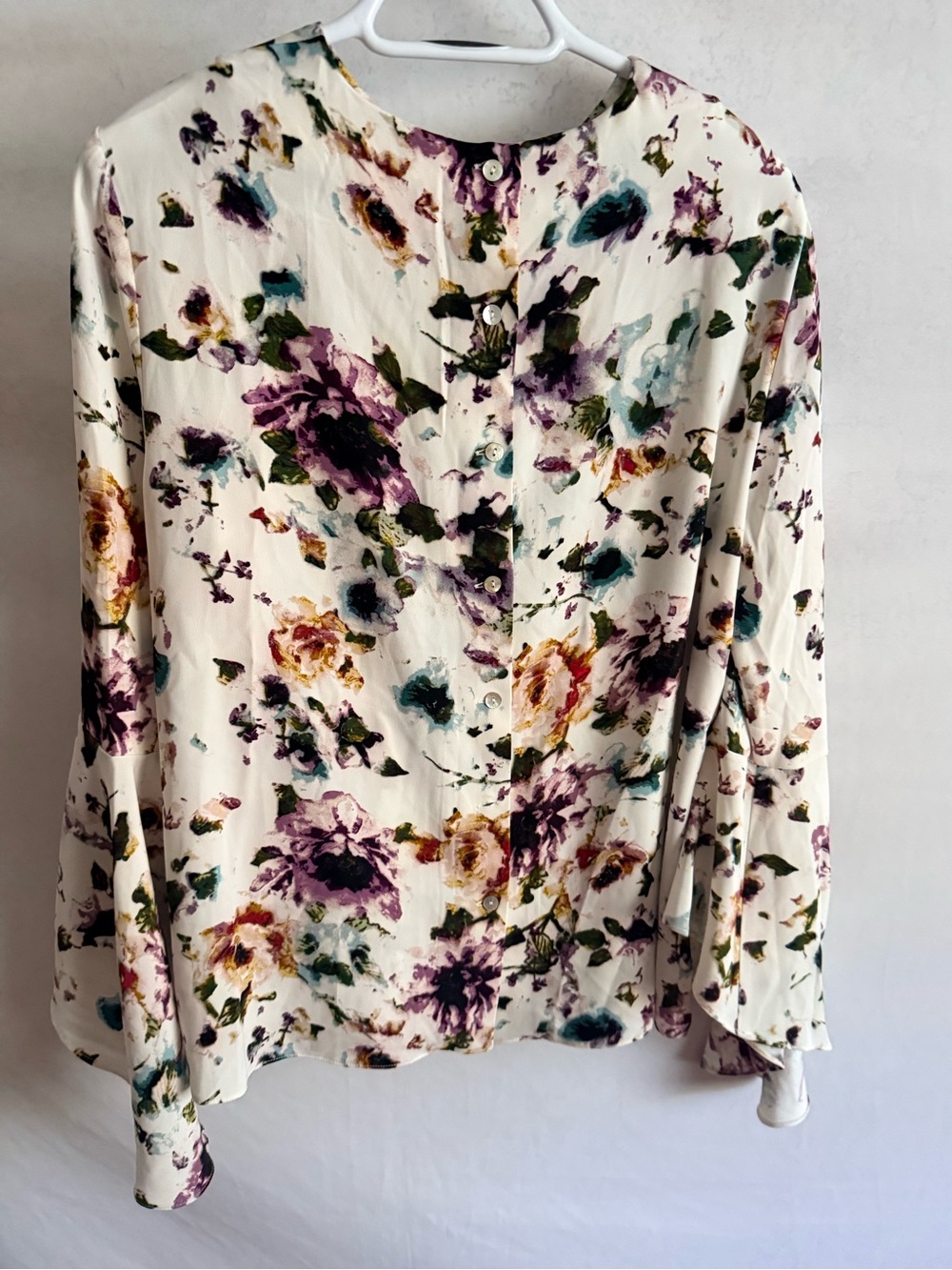 Olivia + Joy Cream Button-Front Floral Blouse with Purple & Green Accents